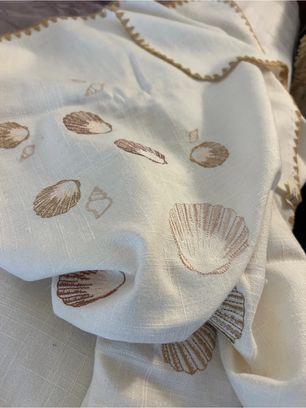 Luxury Cream hemp Throw Blanket - Soft Shell Embroidery
